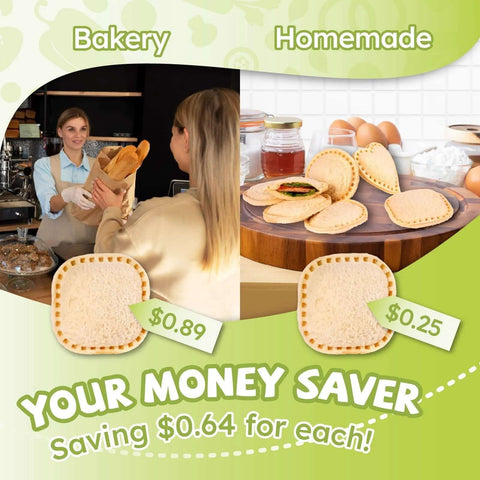 Comparison of bakery bread at $0.89 and homemade crustless sandwiches at $0.25 with ingredients and savings highlighted.