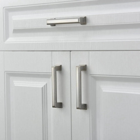 Long Cabinet Handle Set 10 Pack Brushed Satin Nickel Die Cast Zinc Solid Metal Drawer Pulls on white cupboard
