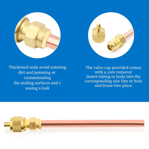 WISSCOOL 10-piece Schrader HVAC valve kit with brass fittings and 1/4 in copper tubing, 2.5 in stem