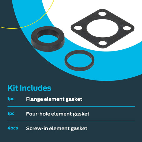Eastman 60050 water heater element gasket kit, black rubber gaskets: 1x flange gasket, 1x four-hole gasket, 4x screw-in gaskets