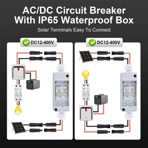 AC/DC circuit diagram with Heavy Duty Solar Panel Disconnect Switch 1000V 60A IP65 Breaker Box and 2P DC Miniature Circuit Breaker.