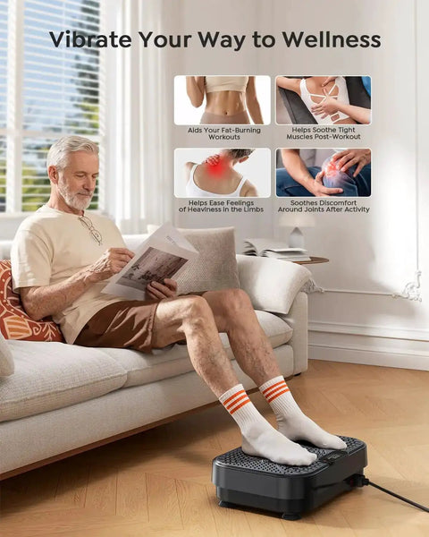 Elderly man using Full Body Vibration Plate For Home Workouts With 99 Adjustable Speeds for muscle toning and lymphatic drainage