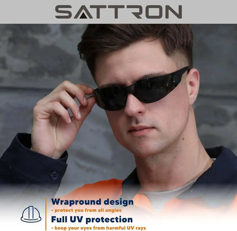 Man wearing 50 Pack Tinted Safety Glasses With Scratch And Impact Resistance Dark UV Protective Lenses for Construction
