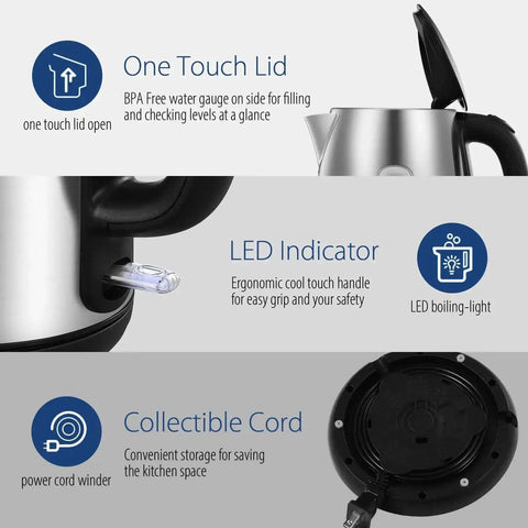 Fast Boil 1.7L Electric Kettle With 1500W Heating showing one touch lid, LED indicator, and collectible cord features.
