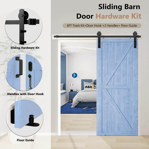 Beefed Up 6Ft Sliding Barn Door Hardware Kit with smooth and quiet operation installed on blue door with floor guide
