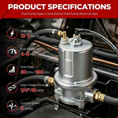 12V Inline Fuel Pump High Flow 50GPH Universal 4-6 PSI with 1/4 Inch NPSF Ports installed in engine compartment
