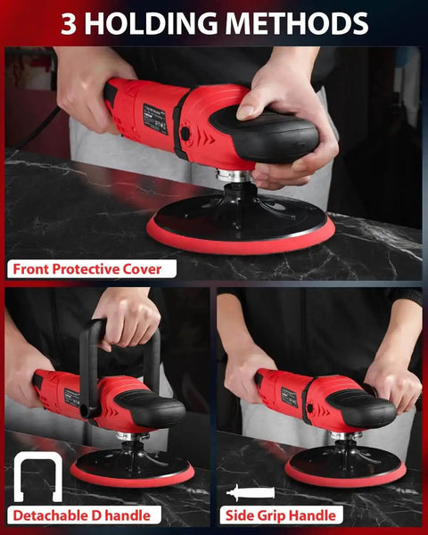 Heavy Duty Car Buffer Polisher With 6 Speed Settings From 1000 To 3500 RPM 1200W Rotary Waxer Kit in use with various handles