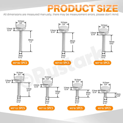 Diagram of 35Pcs M3 Nickel Plated Knurled Thumb Screws Set In 7 Sizes M3x6mm to M3x30mm with dimensions for each size.