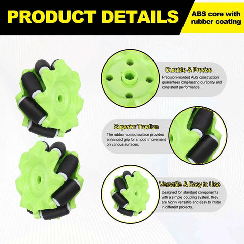 Mecanum Wheels Set For Smart Robot Cars And DIY Models, 58mm Omnidirectional Wheel Kit With ABS Rubber Tread, Green details