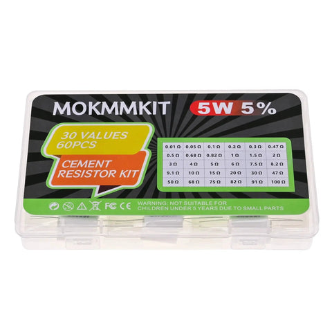 Front view of MOKMMKIT cement resistor kit in a clear plastic case; 60 resistors, 30 values, 5W, ±5%, 0.01–100 Ω