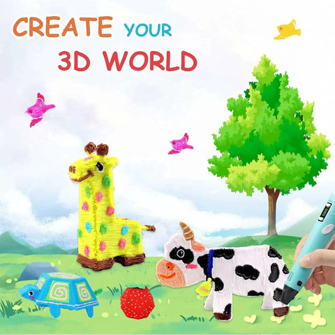 Create a 3D world with 3D pen art of giraffe, cow, turtle, and tree using 22 Color PLA 1.75mm 3D Pen Filament Refills Pack