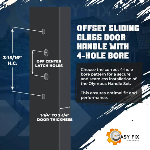 Image of 10 Inch White Sliding Patio Glass Offset Pull Handle Set Replacement Non Keyed Handle Fits 3 15/16 Inch Hole Spacing And 1 1/4 To 2 1/4 Inch Door Thickness With Four Hole Pattern Escutcheon Plate For Repair And Replacement Hardware diagram showing fit and measurements.