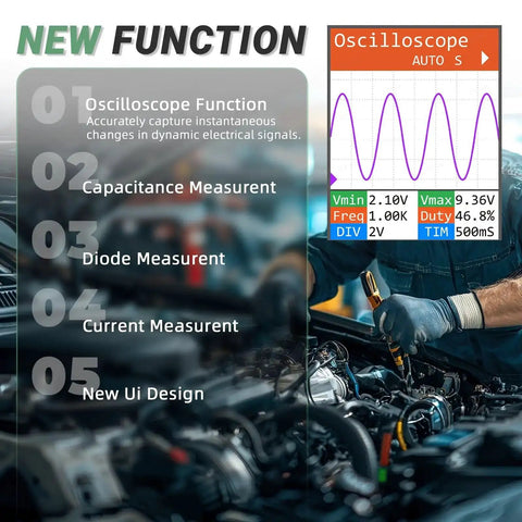 Oscilloscope features on the Upgraded QDB-5A Ignition Coil Tester with current and diode measurement displayed, auto function