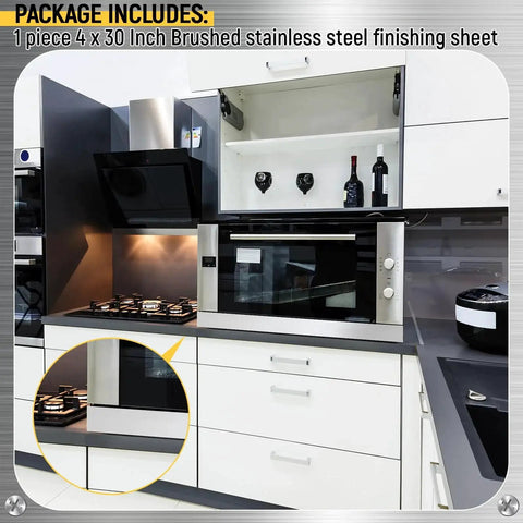 304 Stainless Steel Brushed Gap Filler Trim Strip 4 x 30 Inch Silver installed between kitchen cabinets and countertop
