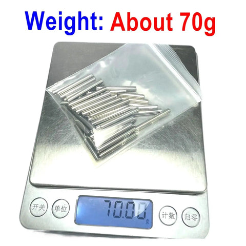 50 Pieces 3Mm By 25Mm Dowel Pins M3 Shelf Pegs Stainless Steel 304 in bag on scale showing 70g