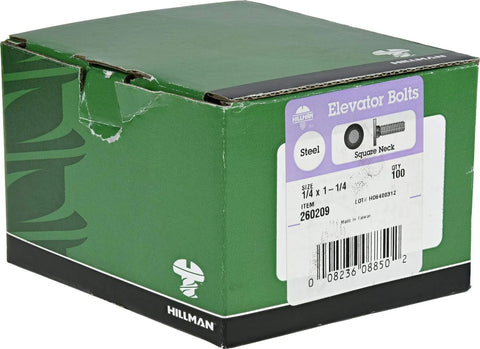 Hillman elevator bolts, steel with black phosphate, 1/4 x 1-1/4, 100 pcs in green box