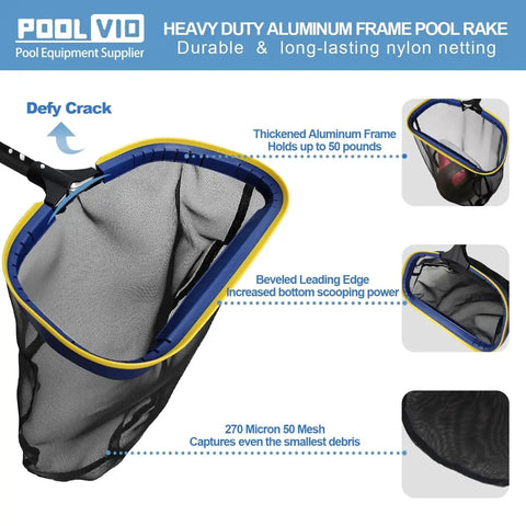 Deluxe Five-In-One Pool Cleaning Kit Ultra-Fine Mesh Leaf Rake with durable aluminum frame and durable nylon netting