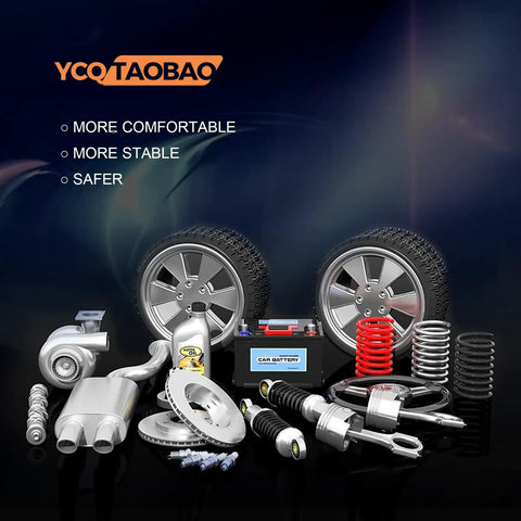 Car parts display including wheels, springs, battery, and other automotive components against a dark background.