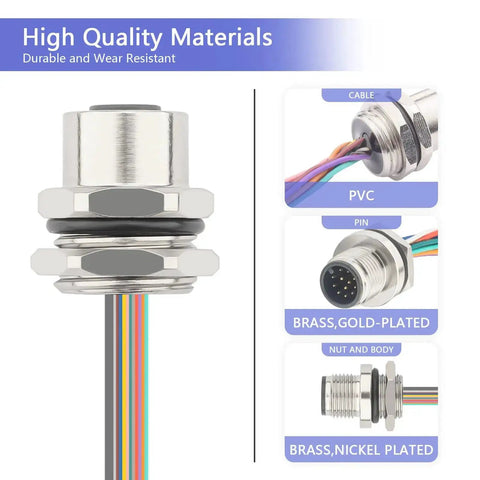 Material details of M12 12 Pin A Code Female Connector Cable 0.7 Foot IP67 featuring brass, PVC, gold and nickel plating