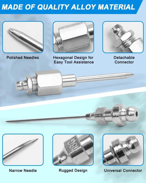 Nine Piece Grease Gun Needle Nozzle Kit With Slotted Fittings, Rubber Nipples And Stainless Steel Injector Needles, close-up view