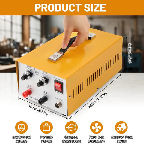 Front view of 30A Jewelry Spot Welder Machine Handheld Pulse Arc Welder with metal handle and control dials, yellow casing