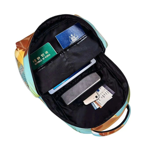 Interior view of Cool Giraffe Desert Sunglasses Double Shoulder Backpacks Ideal For Work Hiking Travel And School Go To Everyday Carry Lightweight Laptop Backpack with Large Capacity Premium Polyester Canvas Daypack, showing compartments with passports, a book, power bank, and USB drive.
