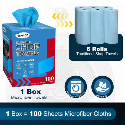 Microfiber Shop Towels 100 Sheets Dispenser Pack Lint Free For Auto Garage Blue packaging with graphic comparison to 6 rolls.