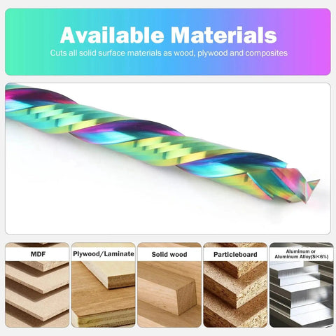 Up and Down Compression Router Bit With One Quarter Inch Shank, Extra Long Four Inch Overall Length, Two Inch Cutting Length, Solid Carbide Spiral Router Bit For CNC And Wood Milling With TAC Coating next to various wood material types.