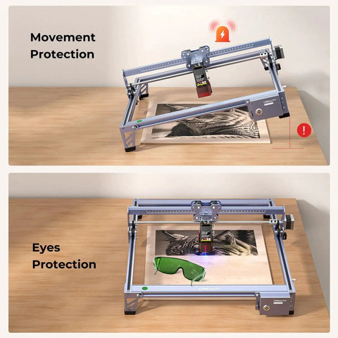 Falcon 5W Laser Engraver With Ultra Fine 0.06mm Spot 10000 mm Per Minute Speed For Precise Wood Leather Acrylic Glass Engraving and Cutting Offline Mode 400x415mm Working Area High Quality Dope Precision From Creality showcasing movement and eye protection features.
