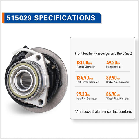 Front Wheel Hub And Bearing Assembly 515029 For 2000-2003 Ford F-150 And 2004 Heritage 4WD With ABS shown with specifications