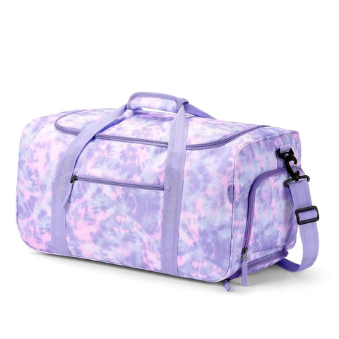 Girls Tie Dye Rolling Duffle Bag For Travel And Camping 22 Inch Purple Luggage With Wheels Hidden Shoe Pocket Side View