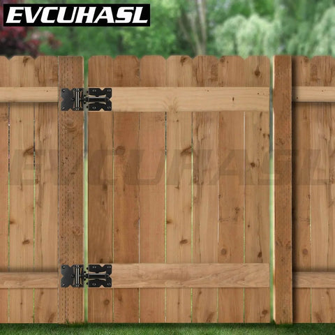 Wooden fence gate with Heavy Duty Gate Hinges For Vinyl And Wooden Fence Gates Self Closing With 90 Degree Adjustable Operation.