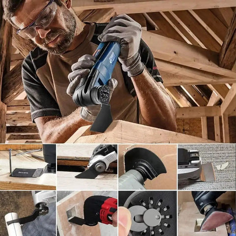 158 Pack Oscillating Tool Blades Set With Sandpaper for Wood Metal Plastic Bi Metal Multitool Blades Kit in use