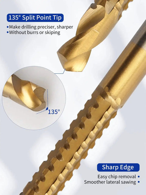 Close-up of titanium-coated serrated drill bit from 8 Pack Titanium Coated HSS Twist Drill Bits Set 3mm 4mm 5mm 6mm 6.5mm 7mm 8mm 10mm Serrated Side Cutting For Wood Plastic Metal Hole Making Pro DIY Tool Kit