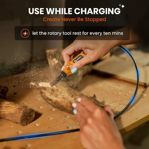 Person using Mini Cordless Rotary Tool Kit For DIY Projects 4V 5 Speed With 42 Accessories Rechargeable Pro Grade Power Tool For Engraving Sanding Polishing Drilling Grinding And Small Crafts HARDELL on wood