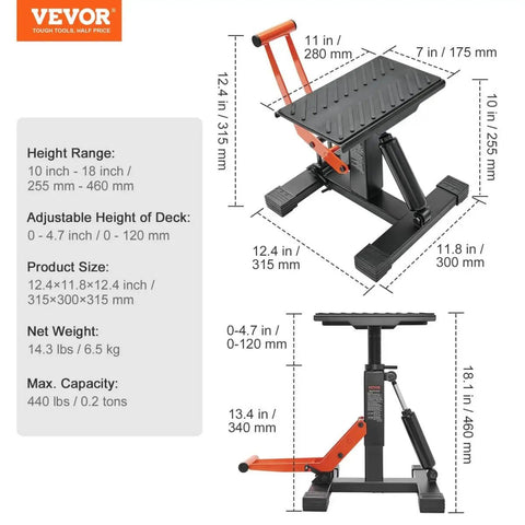 Heavy Duty Dirt Bike Lift Stand With 440 Lb Capacity And Hydraulic Lift, side view showing adjustable height hoist features.