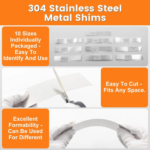 60 Piece Shim Stock Assortment 2 Inch Wide By 6 Inch Long Metal Shims For Leveling And Gap Filling 304 Stainless Steel Thin Strips In 10 Thicknesses From 0.0007 To 0.01 Inch, showcasing shims in various sizes with cutting demonstration.