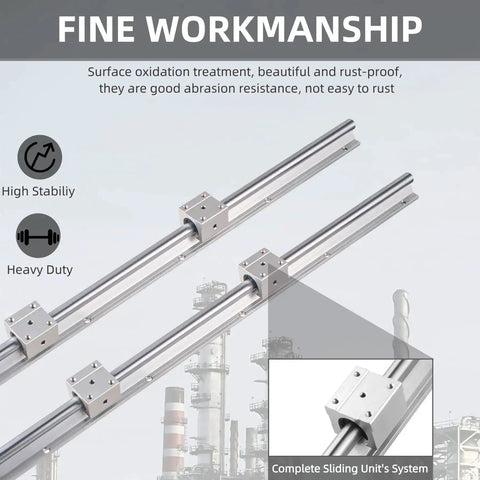 SBR16 Linear Rail Kit 2500mm Spliced Guide with Two 1500mm and Two 1000mm Rails, Eight SBR16UU Blocks, shown in industrial setting