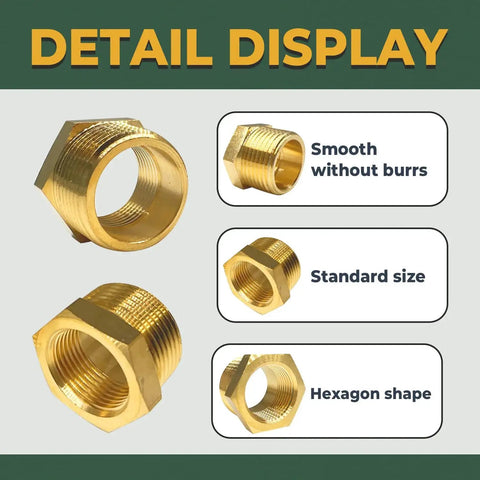 Detail display of Brass Hex Bushing Reducer Set One Half Inch NPT Male To Three Eighth Inch NPT Female 2 Pack with sealing tape