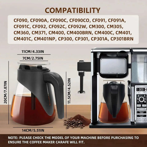 Side view of 60 Oz Glass Coffee Carafe Replacement For Ninja Coffee Makers in coffee machine, demonstrating fit.