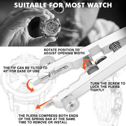Diagram showing Watch Spring Bar Tool Kit With Pliers And 10 Tips, Pin Bar Tweezers for quick disassembly and strap replacement.