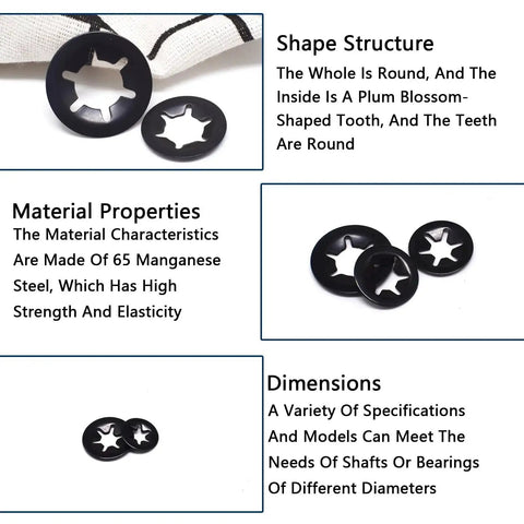 Renashed internal-tooth star lock washers, black oxide finish, 65Mn steel, assorted sizes (M3–M12)