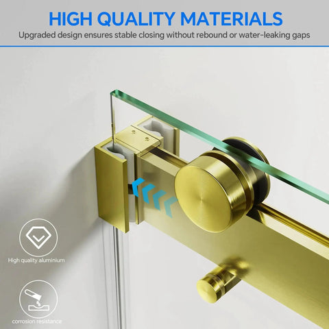Frameless Sliding Shower Door In Brushed Gold Finish, 60 Inch Wide By 76 Inch High, 8mm Clear Tempered Safety Glass, featuring silent rollers