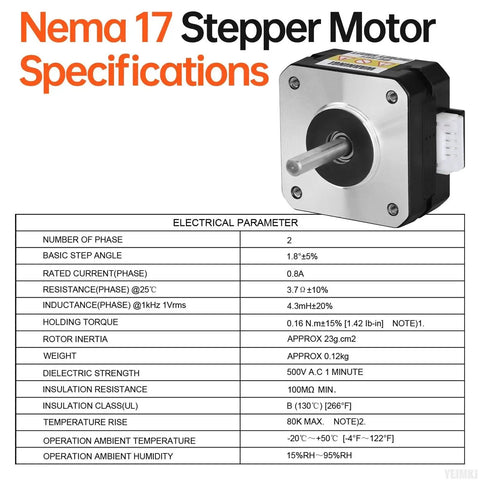 Nema 17 Stepper Motor 5 Pack With 1.8-Degree Step, technical specifications chart