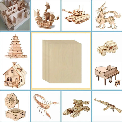 Unfinished Basswood Sheets 25Pcs 150x100x1.5mm Lightweight Craft Wood For DIY Projects on display with wooden models