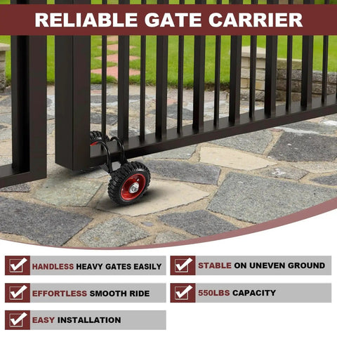 Rolling Gate 6 Inch Rubber Wheel Carrier Heavy Duty for Driveway and Sliding Gates with 550lb Capacity shown installed on gate