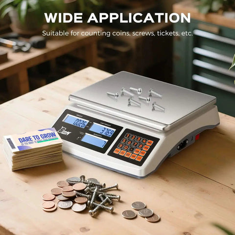 30Kg Digital Counting Scale With 0.1g Precision, Battery Powered, displaying screws and coins on platform in workshop setting