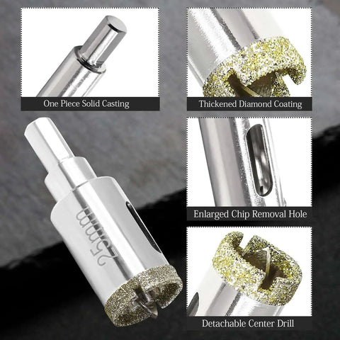 One Inch Diamond Hole Saw With Pilot Drill Bit For Glass Tile Marble Granite Porcelain Quartz Fiberglass Ceramic Cuts Clean Holes In Bathrooms And Kitchens With Heavy Duty 1.57 Inch Cutting Depth And 25mm Diameter Triangular Shank, shown in detail with thickened diamond coating and detachable center drill.