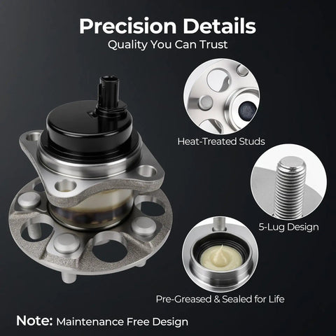 Ride Ready Rear Wheel Hub And Bearing Assembly 512505 for Toyota Prius, close-up of hub with heat-treated studs and 5-lug design