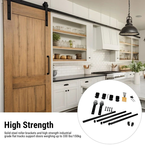 Heavy Duty Barn Door Hardware Kit 6.6 Foot Track System With 330 Pound Capacity Ultra Quiet Soft Close Sliding installed in kitchen